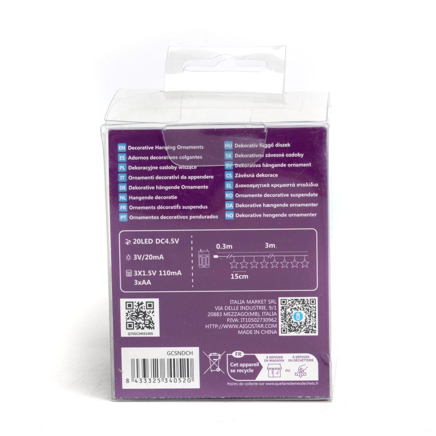Aigostar - LED girlianda 20xLED/3xAA 3,3m žvaigždės