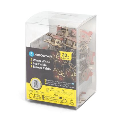Aigostar - LED girlianda 20xLED/3xAA, 3 m, šiltai balta, su elniu