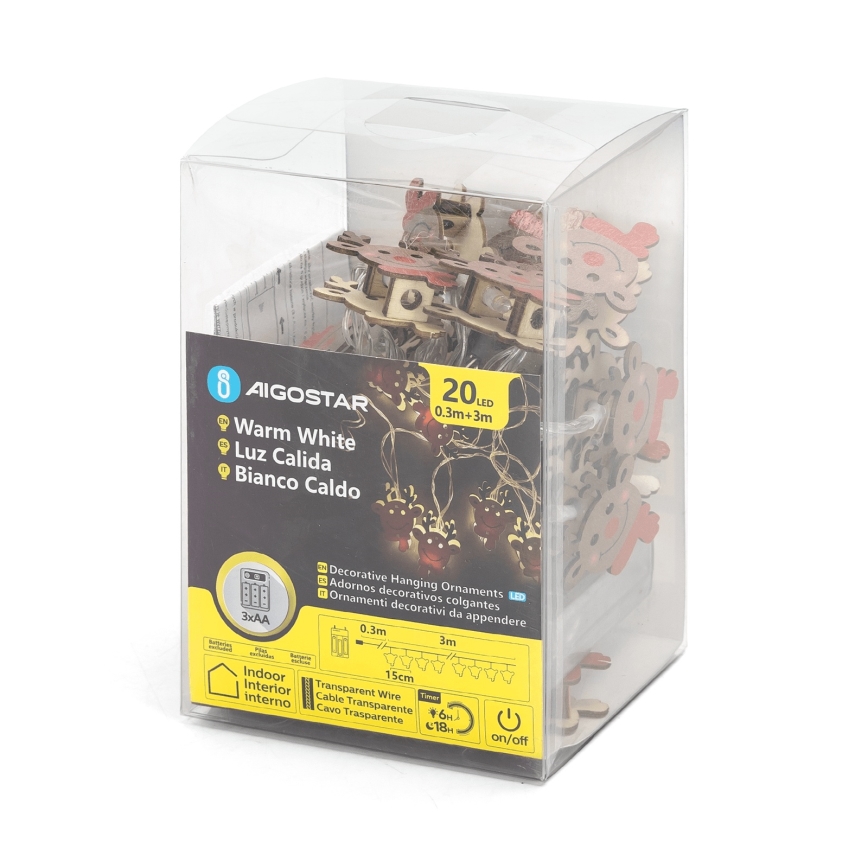 Aigostar - LED girlianda 20xLED/3xAA, 3 m, šiltai balta, su elniu