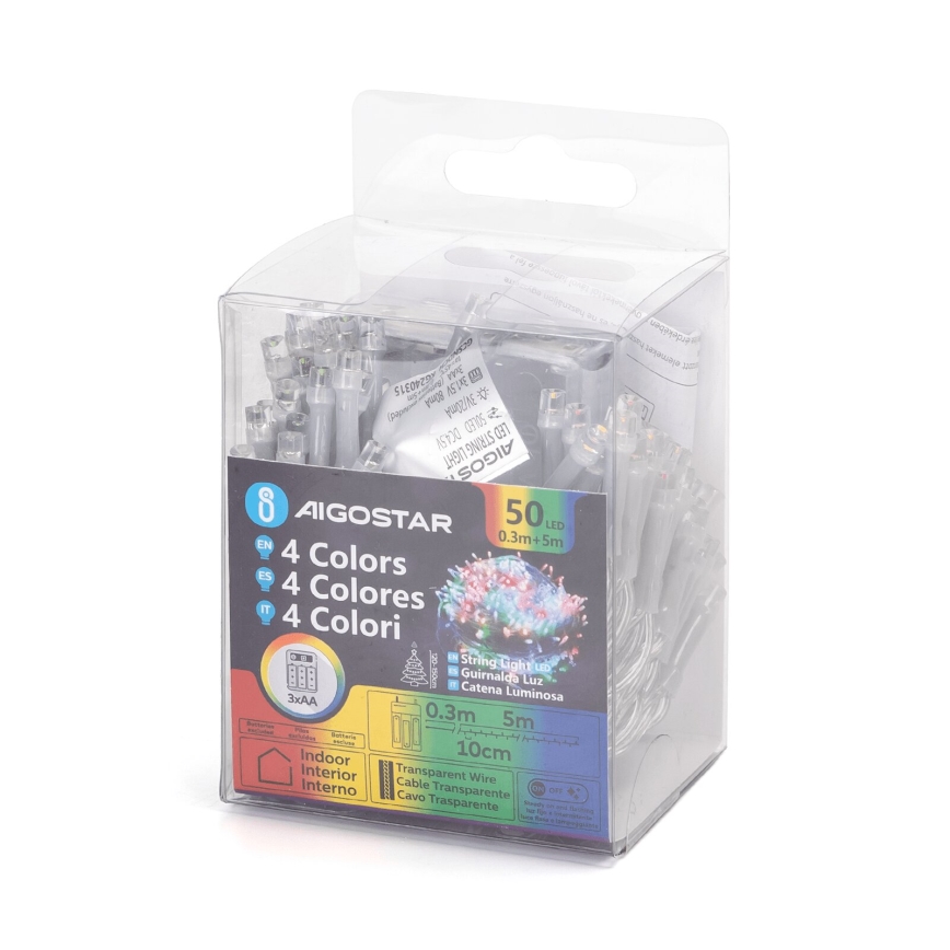 Aigostar - LED girlianda 50xLED/3xAA 5,3 m įvairiaspalvė