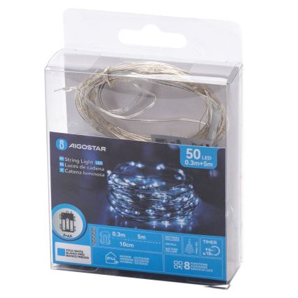 Aigostar - LED lauko girlianda 50xLED/3xAA 5,3 m šaltai balta