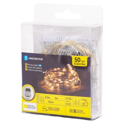 Aigostar - LED lauko girlianda 50xLED/3xAA 5,3 m šiltai balta