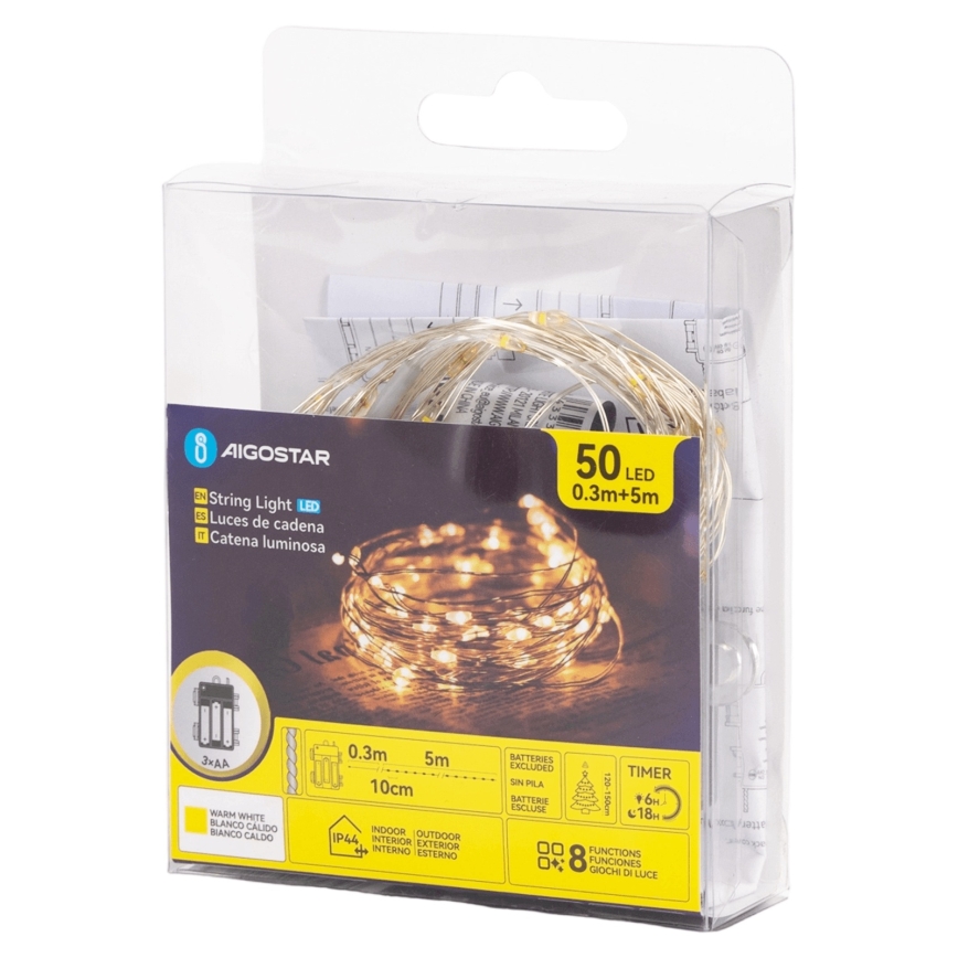 Aigostar - LED lauko girlianda 50xLED/3xAA 5,3 m šiltai balta