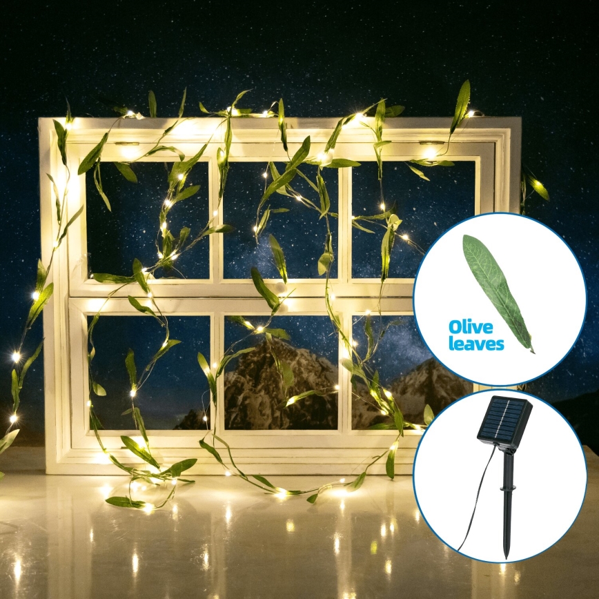 Aigostar - LED grandinė, įkraunama saulės šviesa 100xLED/12m IP65 300 mAh šilta balta alyvmedis
