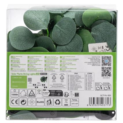 Aigostar - LED grandinė, įkraunama saulės šviesa 100xLED/12m IP65 300 mAh šilta balta eukaliptas