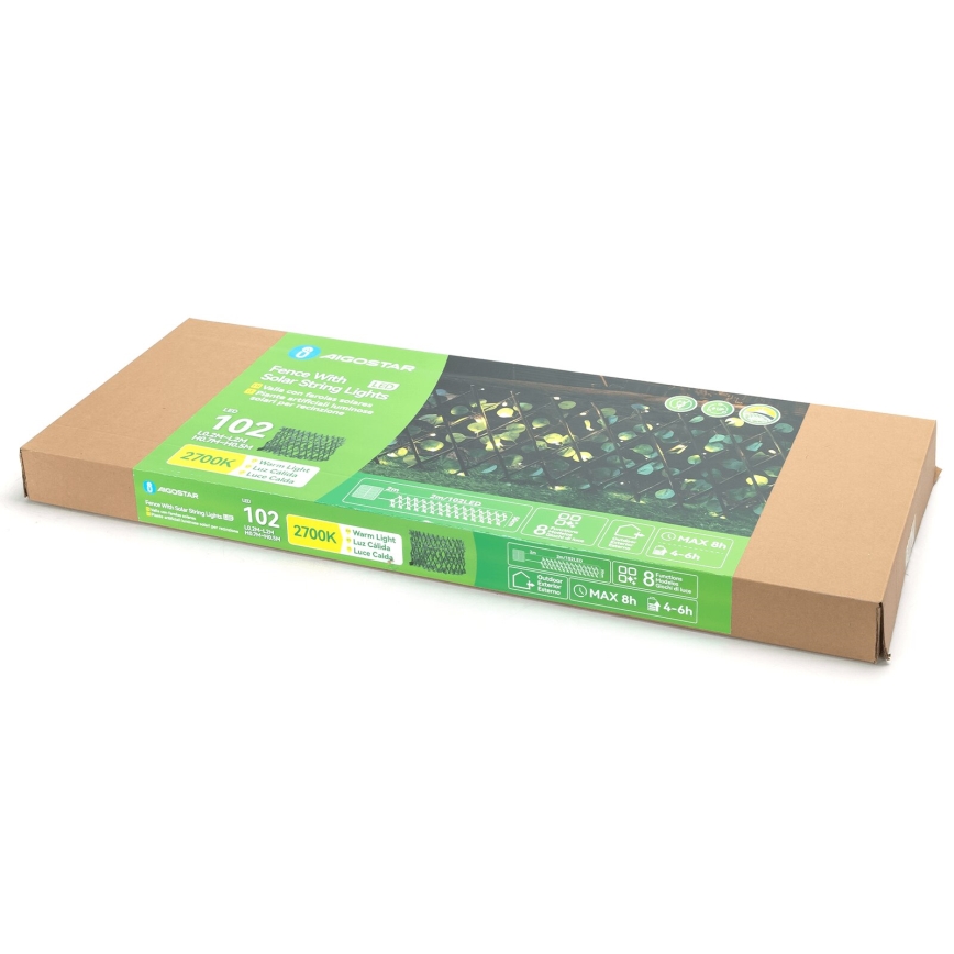 Aigostar - LED grandinė, įkraunama saulės šviesa 102xLED/2x0,7m IP65 300 mAh šilta balta eukaliptas