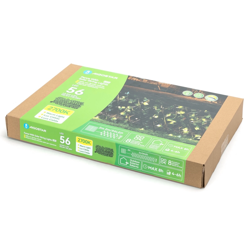 Aigostar - LED grandinė, įkraunama saulės šviesa 56xLED/2x0,4m IP65 300 mAh šilta balta ivy