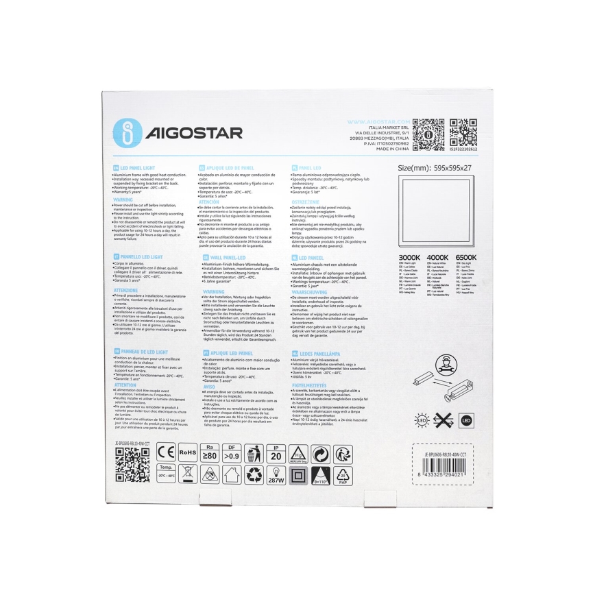 Aigostar - LED įleidžiama lubų panelė LED/40W/230V 3000K/4000K/6500K 60x60cm balta