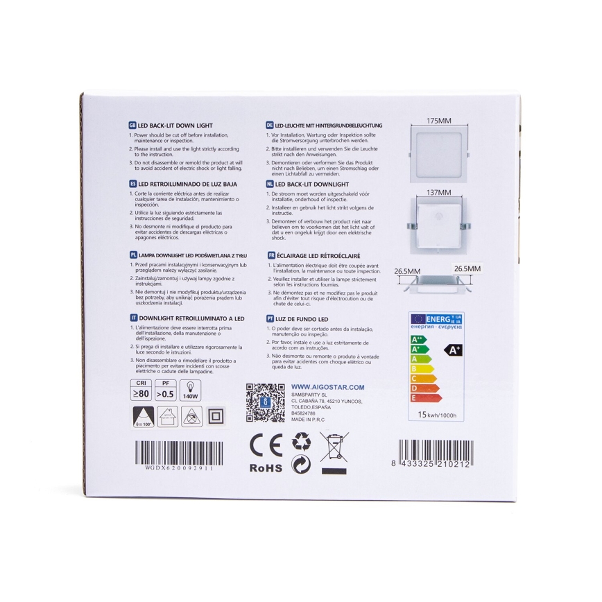 Aigostar - LED įleidžiamas lubinis šviestuvas LED/15W/230V 17,5x17,5 cm 3000K balta