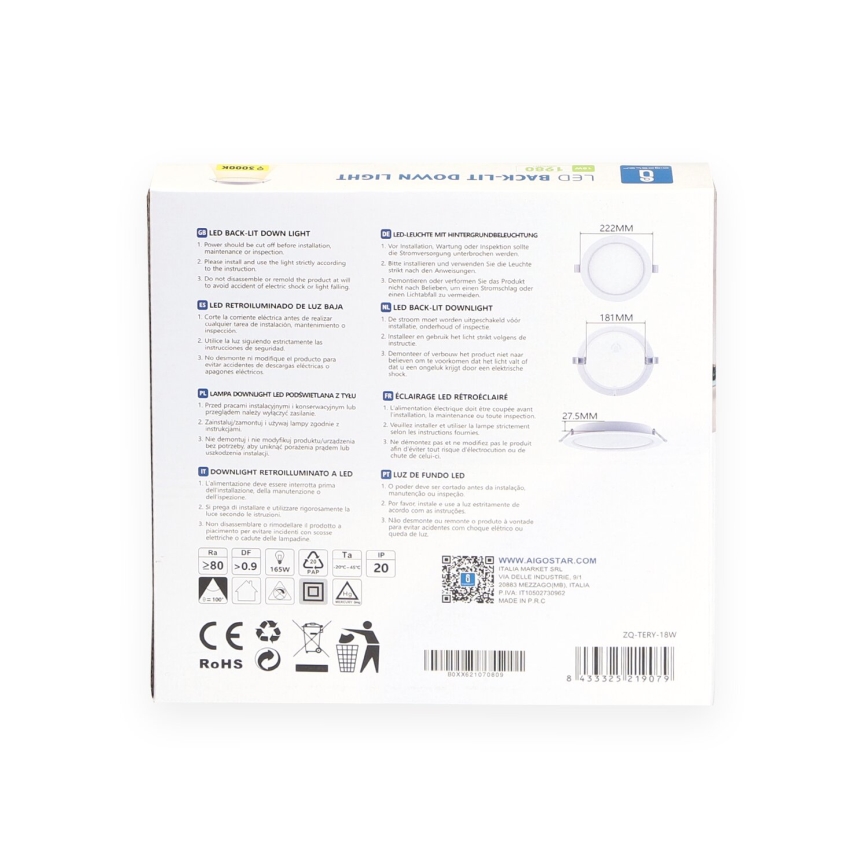 Aigostar - LED įleidžiamas lubinis šviestuvas LED/18W/230V 3000K diametras 27,5 cm balta