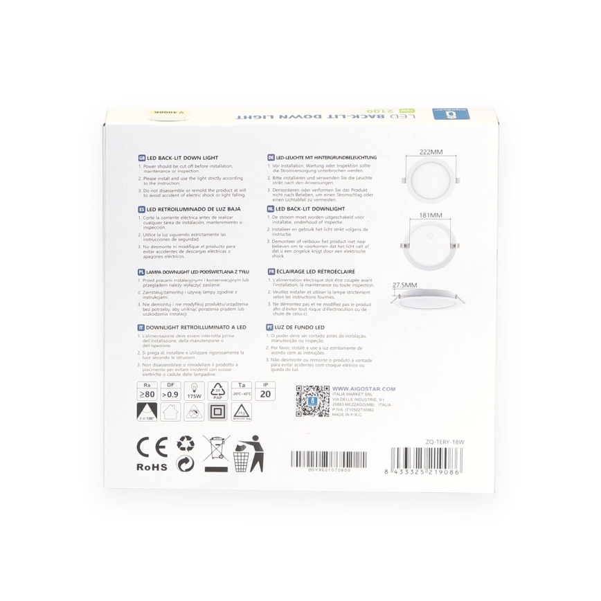 Aigostar - LED įleidžiamas lubinis šviestuvas LED/18W/230V 4000K diametras 22 cm balta