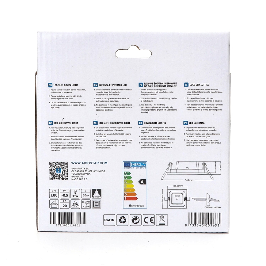 Aigostar - LED įleidžiamas lubinis šviestuvas ULTRATHIN LED/6W/230V 6000K balta