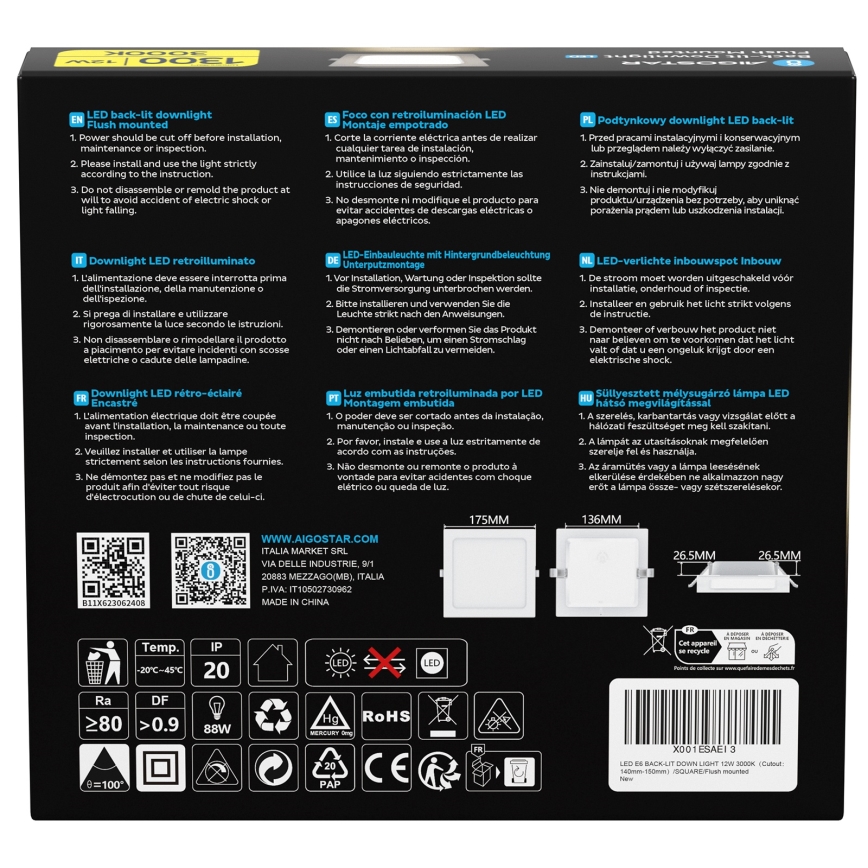 Aigostar - LED įleidžiamas šviestuvas LED/12W/230V 3000K 17,5x17,5 cm baltas