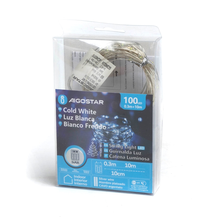 Aigostar - LED kalėdinė girlianda 100xLED/3xAA 10,3m šalta balta