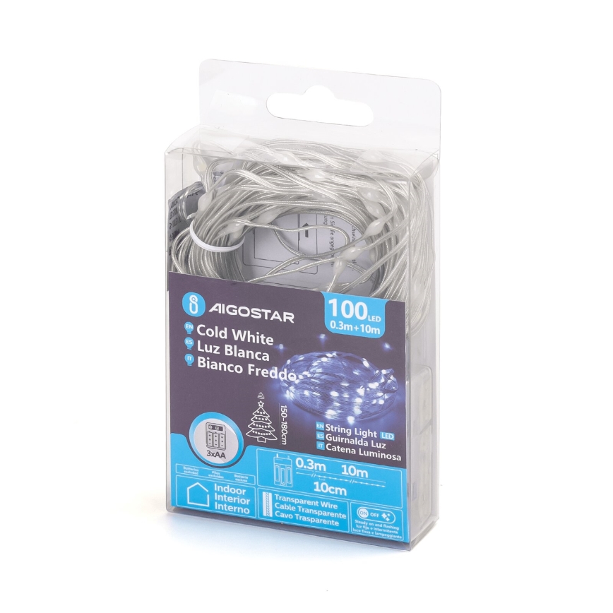Aigostar - LED kalėdinė girlianda 100xLED/3xAA 10,3m šalta balta