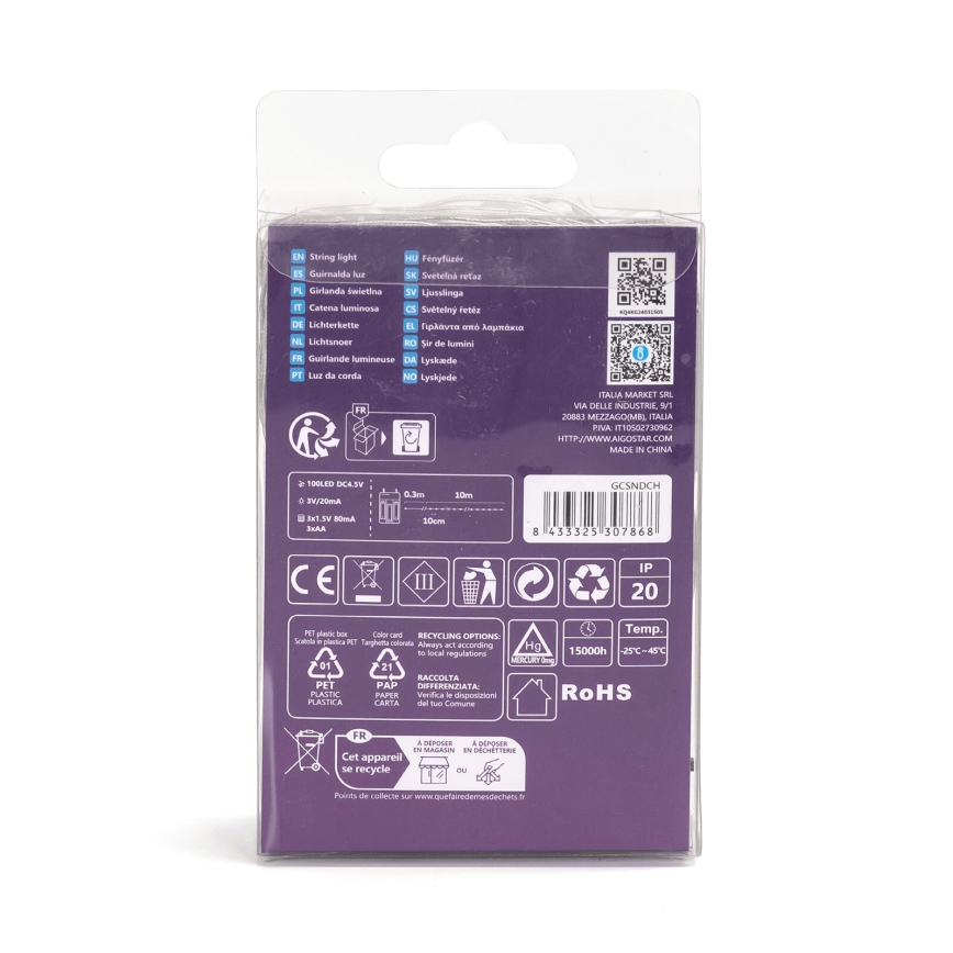 Aigostar - LED kalėdinė girlianda 100xLED/3xAA 10,3m šalta balta