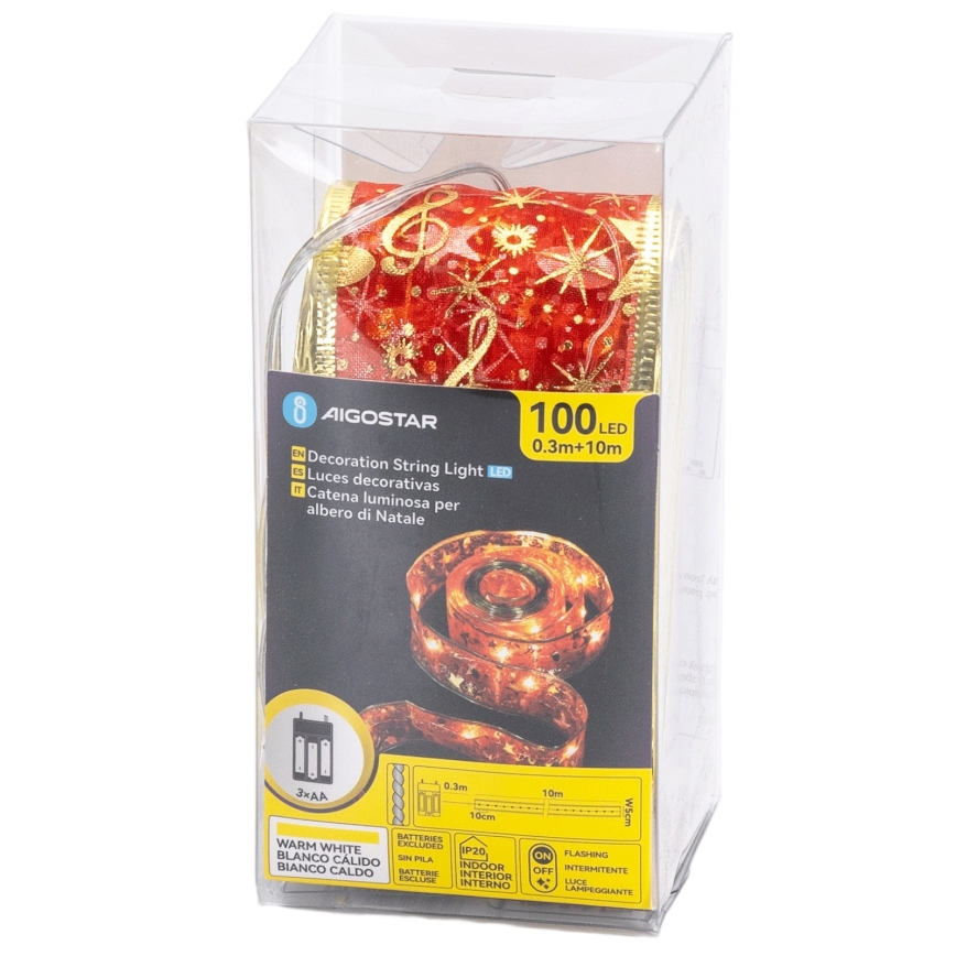 Aigostar - LED kalėdinė girlianda 100xLED/3xAA 10 m šiltai balta, raudona