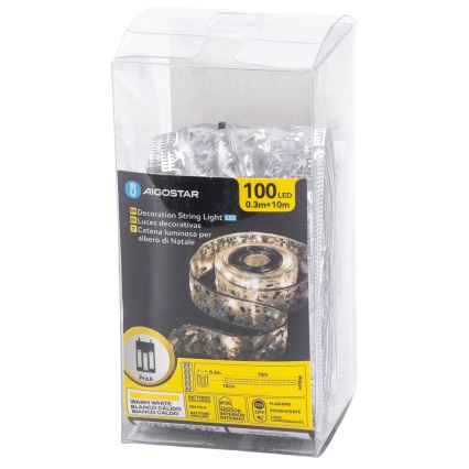 Aigostar - LED kalėdinė girlianda 100xLED/3xAA 10 m šiltai balta sidabrinė