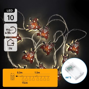 Aigostar - LED Kalėdinė girlianda 10xLED/3xAA 1,5m šiltai balta roges