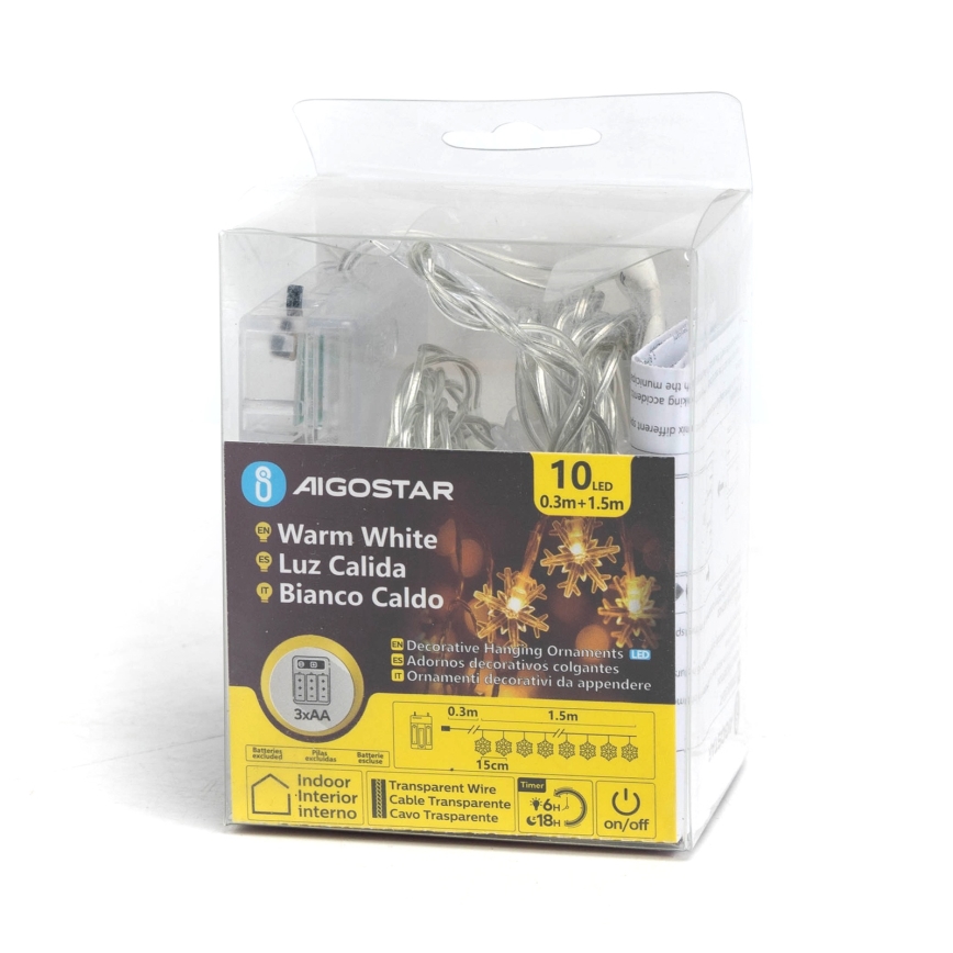 Aigostar - LED Kalėdinė girlianda 10xLED/3xAA 1,5m šiltai balta snaigės
