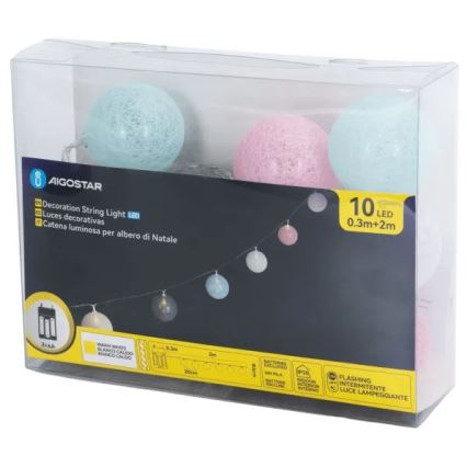 Aigostar - LED kalėdinė girlianda 10xLED/3xAA 2m šiltai balta