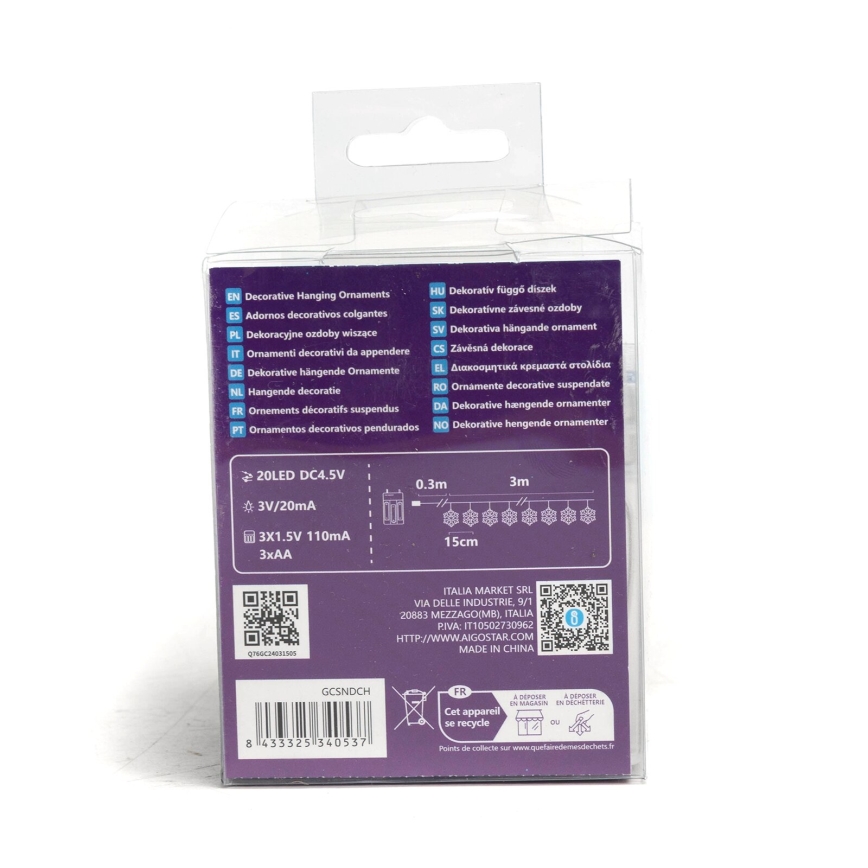 Aigostar - LED Kalėdinė girlianda 20xLED/3xAA 3,3m snaigės