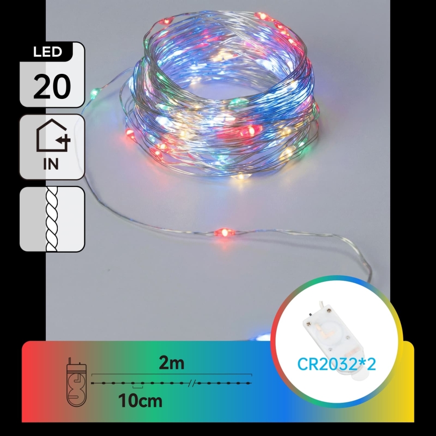 Aigostar - LED Kalėdinė girlianda 20xLED/2xCR2032 2m daugiaspalvė