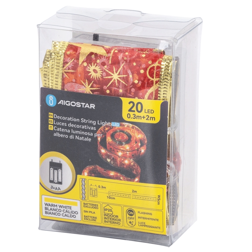Aigostar - LED Kalėdinė girlianda 20xLED/3xAA 2 m šilta balta raudona