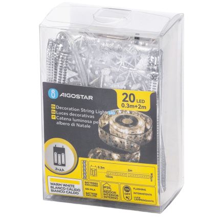 Aigostar - LED kalėdinė girlianda 20xLED/3xAA 2 m šilta balta sidabrinė