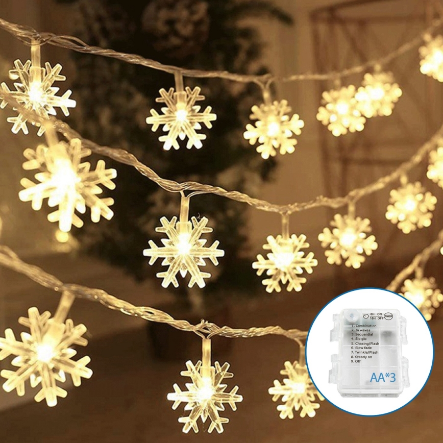 Aigostar - LED Kalėdinė girlianda 20xLED/3xAA 3,3m snaigės