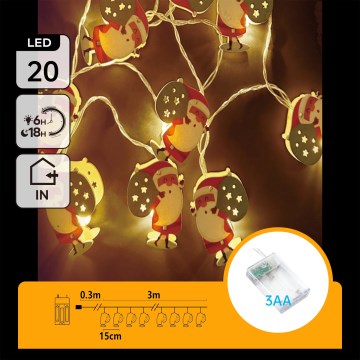 Aigostar - LED Kalėdinė girlianda 20xLED/3xAA 3m šiltai balta Santa Claus