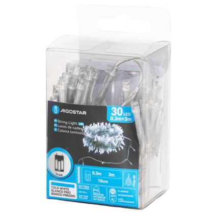 Aigostar - LED Kalėdinė girlianda 30xLED/3xAA 3,3m šaltai balta