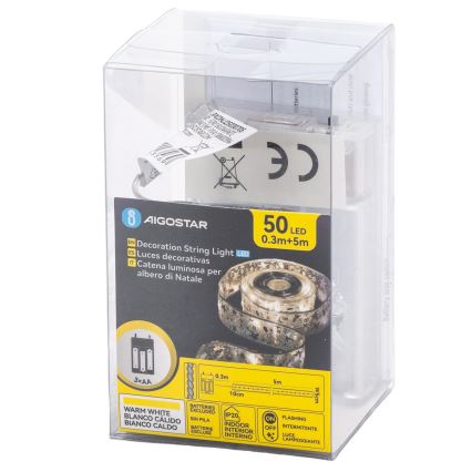 Aigostar - LED kalėdinė girlianda 50xLED/3xAA 5 m šiltai balta sidabrinė