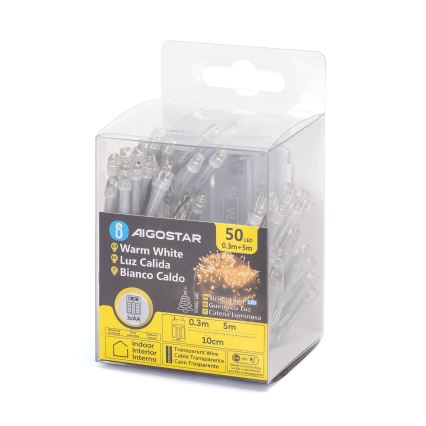 Aigostar - LED Kalėdinė girlianda 50xLED/3xAA 5,3 m šiltai balta