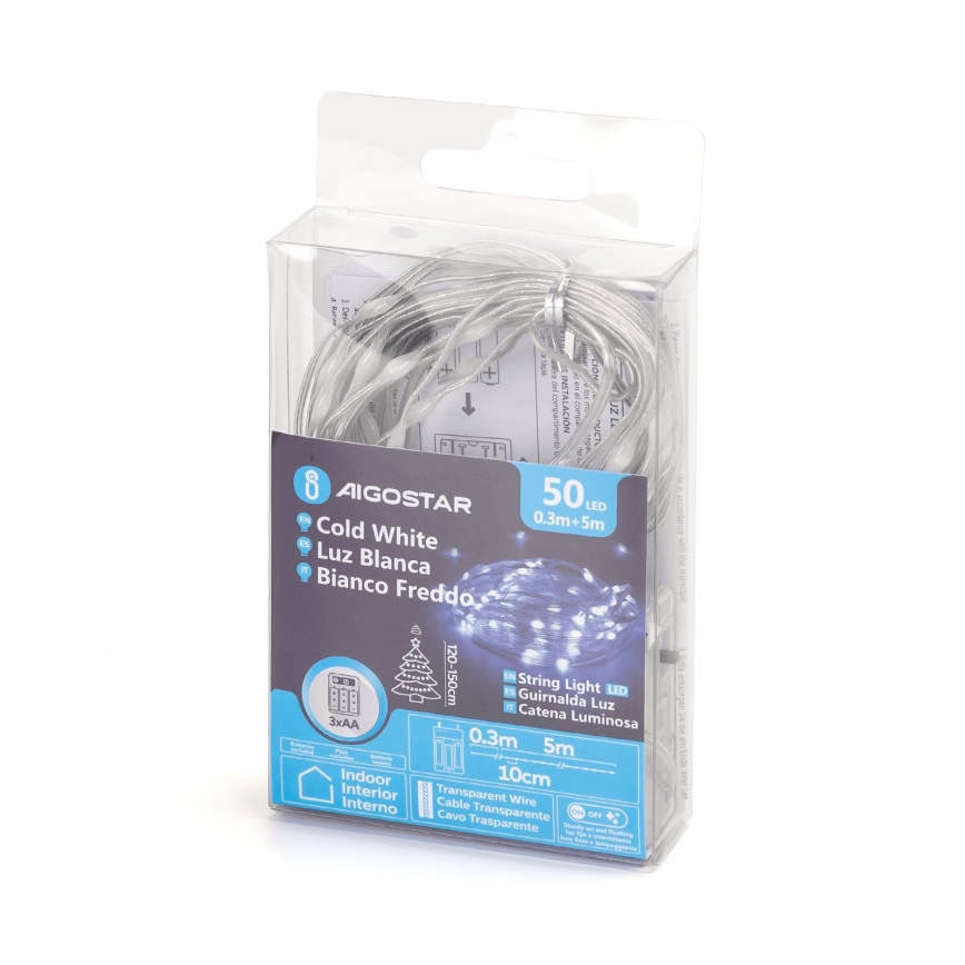 Aigostar - LED Kalėdinė girlianda 50xLED/3xAA 5,3m šaltai balta