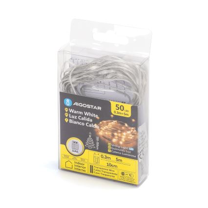 Aigostar - LED kalėdinė girlianda 50xLED/3xAA 5,3m šilta balta