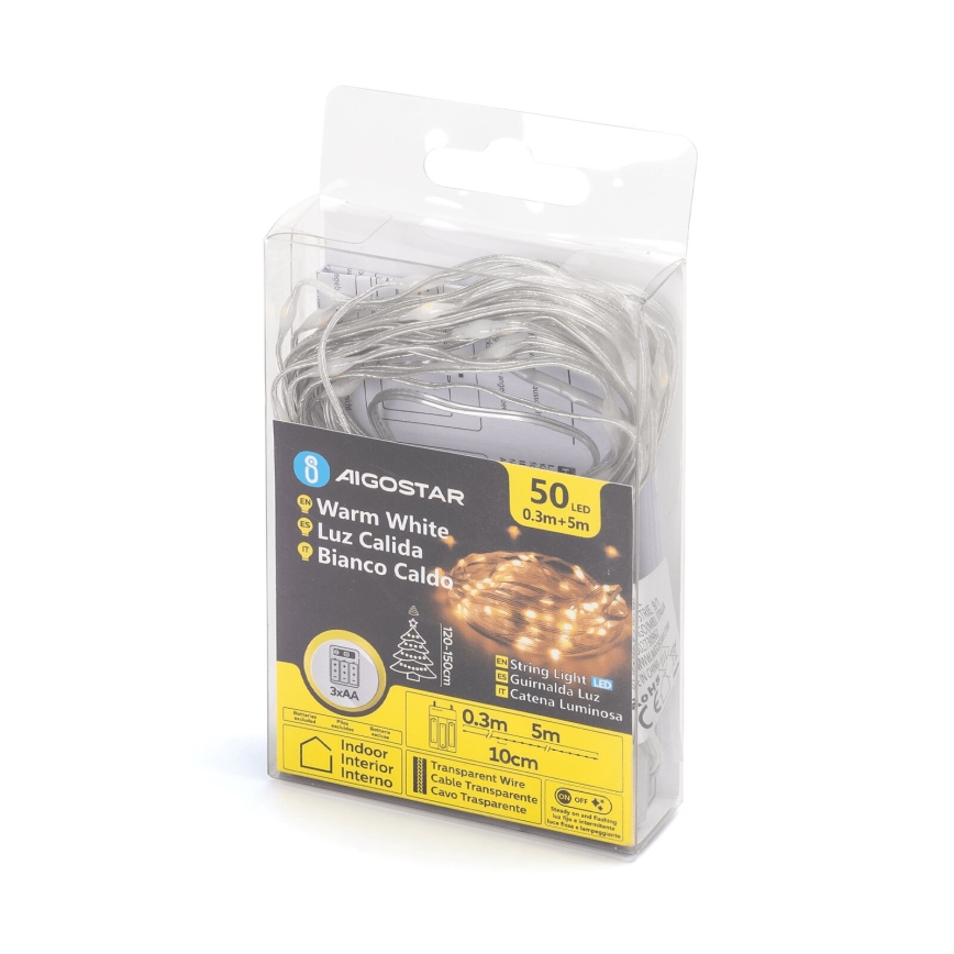 Aigostar - LED kalėdinė girlianda 50xLED/3xAA 5,3m šilta balta