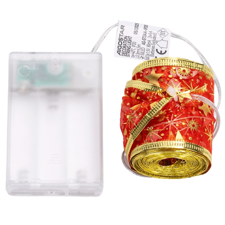 Aigostar - LED kalėdinė girlianda 50xLED/3xAA 5m šiltai balta raudona