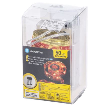 Aigostar - LED kalėdinė girlianda 50xLED/3xAA 5m šiltai balta raudona