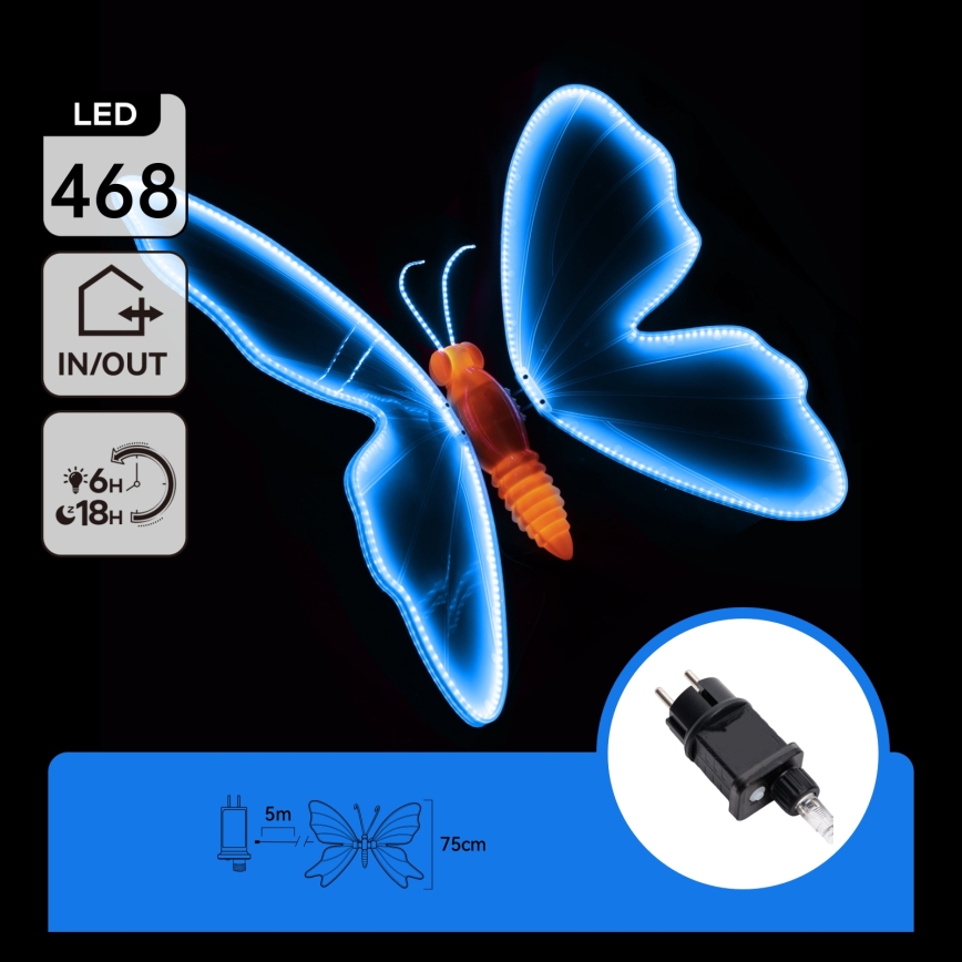 Aigostar - LED Lauko dekoracija 468xLED 75 cm IP44 drugelis/mėlyna
