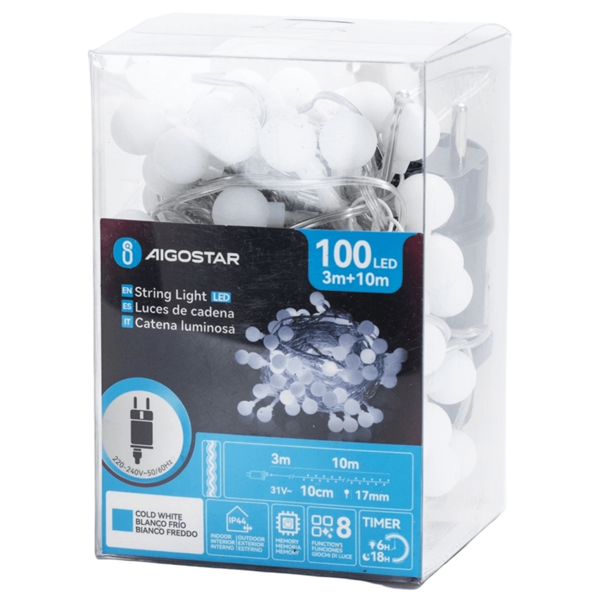 Aigostar - lauko dekoratyvinė LED girlianda, 100 LED / 8 funkcijų, 10 m, IP44, šaltai balta