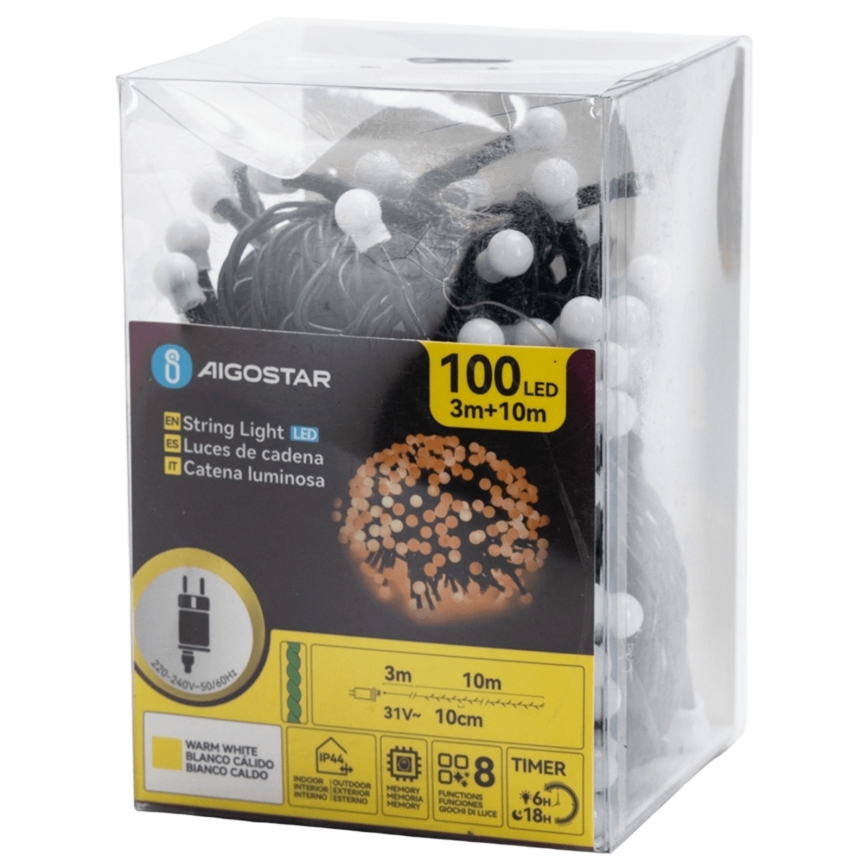 Aigostar - LED lauko dekoratyvinė girlianda 100xLED/8 funkcijų 10 m IP44 šiltai balta