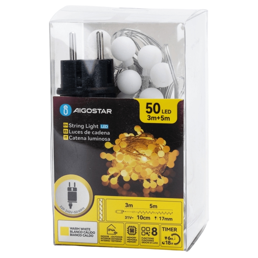 Aigostar - LED lauko dekoratyvinė girlianda 50xLED/8 funkcijų 5 m IP44 šiltai balta