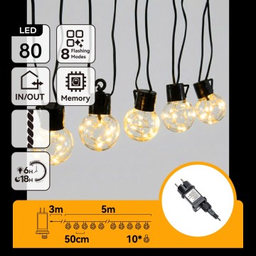 Aigostar - LED lauko dekoratyvinė girlianda 80xLED/8 funkcijų 5m IP44 šiltai balta