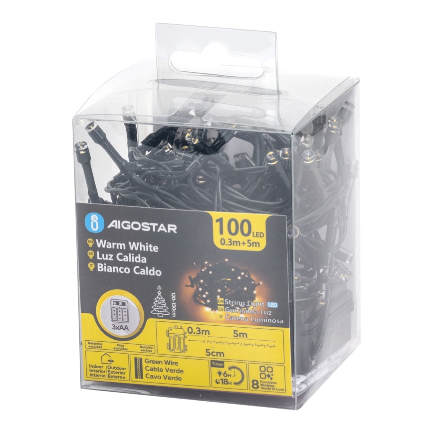Aigostar - LED lauko girlianda 100xLED/8 funkcijų 3xAA 5,3 m IP44 šiltai balta