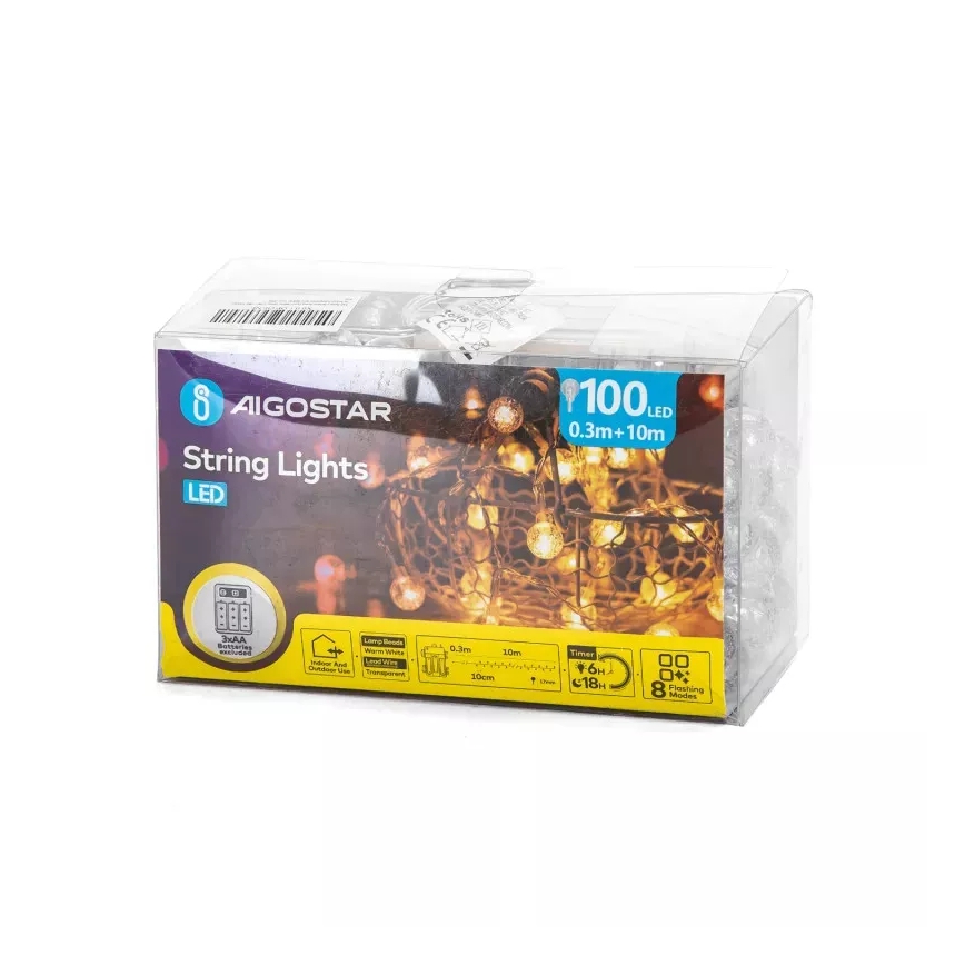 Aigostar - LED lauko girlianda 100xLED/3xAA/8 funkcijų 10,3 m IP44 šiltai balta