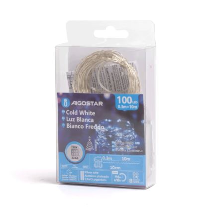 Aigostar - LED lauko  girlianda 100xLED/8 funkcijų/3xAA 10,3m IP44 šaltai balta