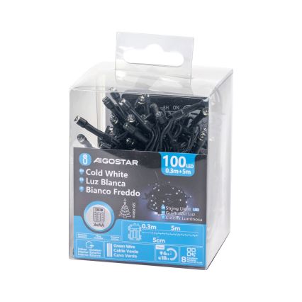 Aigostar - lauko LED girlianda, 100 LED, 8 funkcijų, 3xAA, 5,3 m, IP44, šaltai balta
