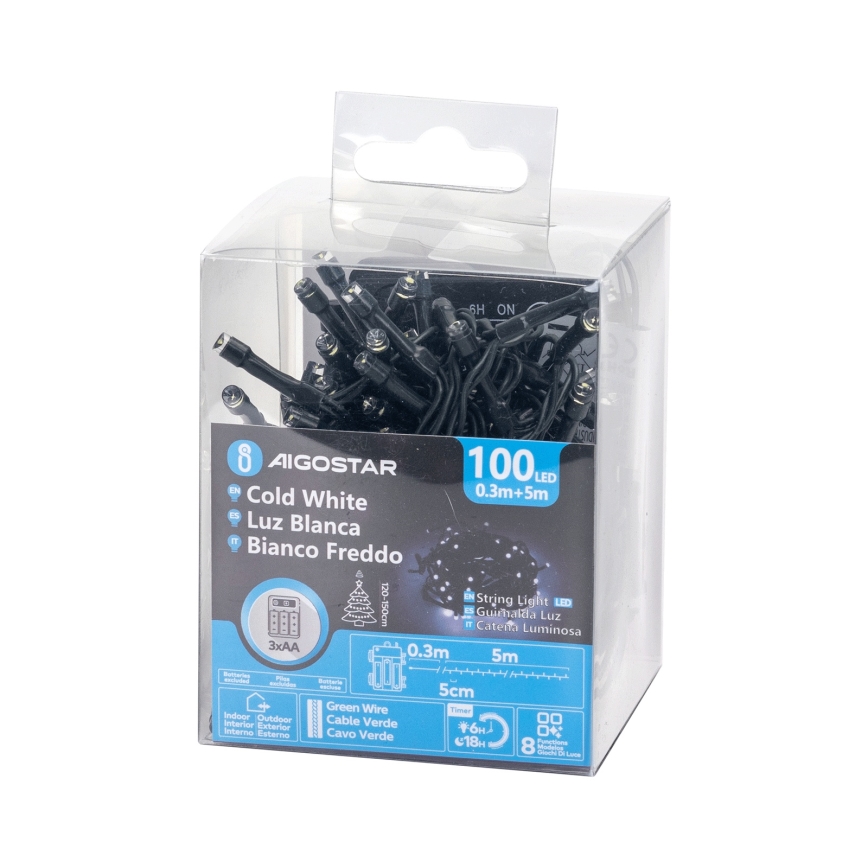 Aigostar - lauko LED girlianda, 100 LED, 8 funkcijų, 3xAA, 5,3 m, IP44, šaltai balta