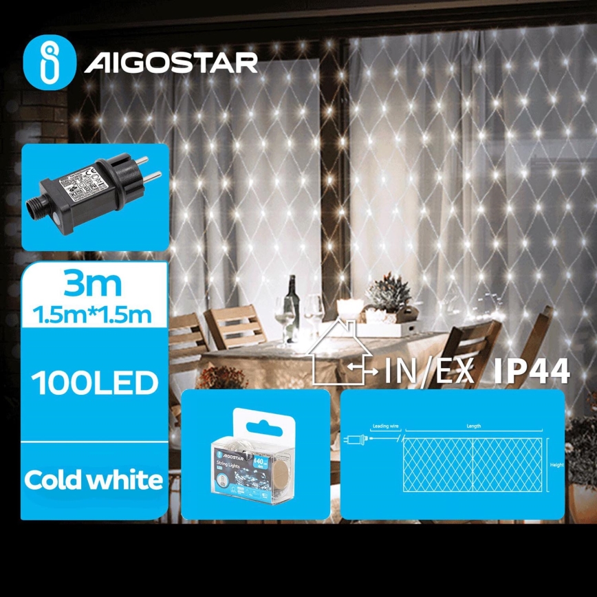 Aigostar - LED lauko girlianda 100xLED/8 funkcijų 4,5x1,5m IP44 šaltai balta